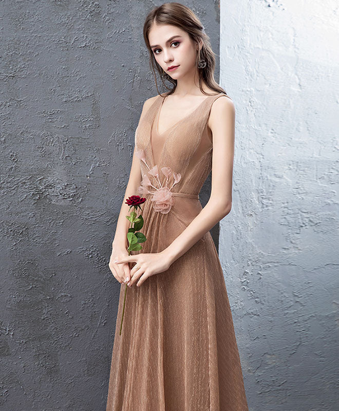 A-Line V-Neck Floor-Length Champagne Tulle Lace Prom Dress with Floral Waist Detail