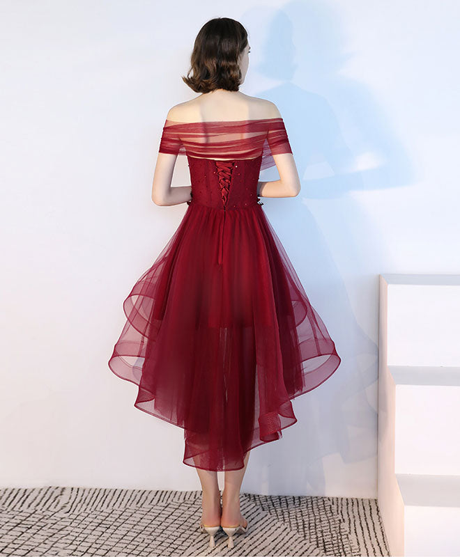 A-line Off-the-Shoulder High-Low Tulle Dress with Lace Appliqué Homecoming Dress