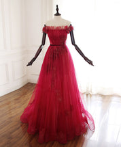 Off-the-Shoulder Floor-Length Tulle & Lace Prom Dress with Floral Embroidery
