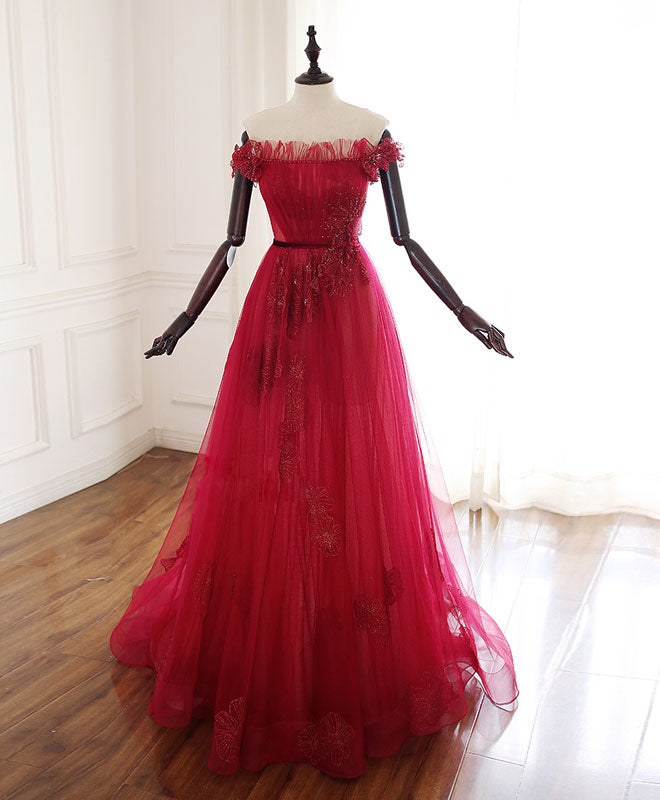 Off-the-Shoulder Floor-Length Tulle & Lace Prom Dress with Floral Embroidery