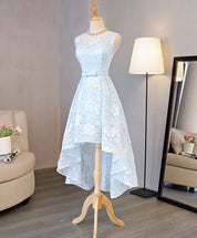 A-line Illusion Neck High-Low Lace Homecoming Dress with Waist Bow Detail