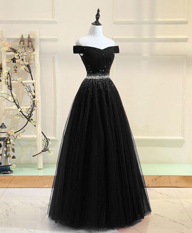 A-Line Off-the-Shoulder Floor-Length Black Tulle Beaded Prom Dress