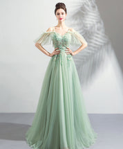 A-Line Off-the-Shoulder Spaghetti Straps Floor-Length Mint Green Tulle & Lace Prom Dress with Appliqué Bodice