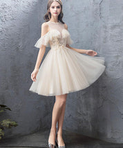 A-Line Illusion Neck Knee-Length Champagne Tulle Homecoming Dress with Cold-Shoulder Sleeves & Floral Lace Appliqué