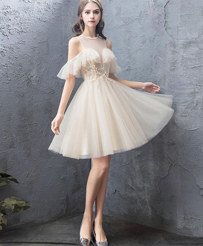 A-Line Illusion Neck Knee-Length Champagne Tulle Homecoming Dress with Cold-Shoulder Sleeves & Floral Lace Appliqué