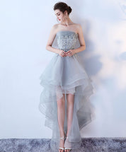 A-Line Strapless High-Low Tulle Homecoming Dress in Soft Gray with Lace Appliqué Bodice