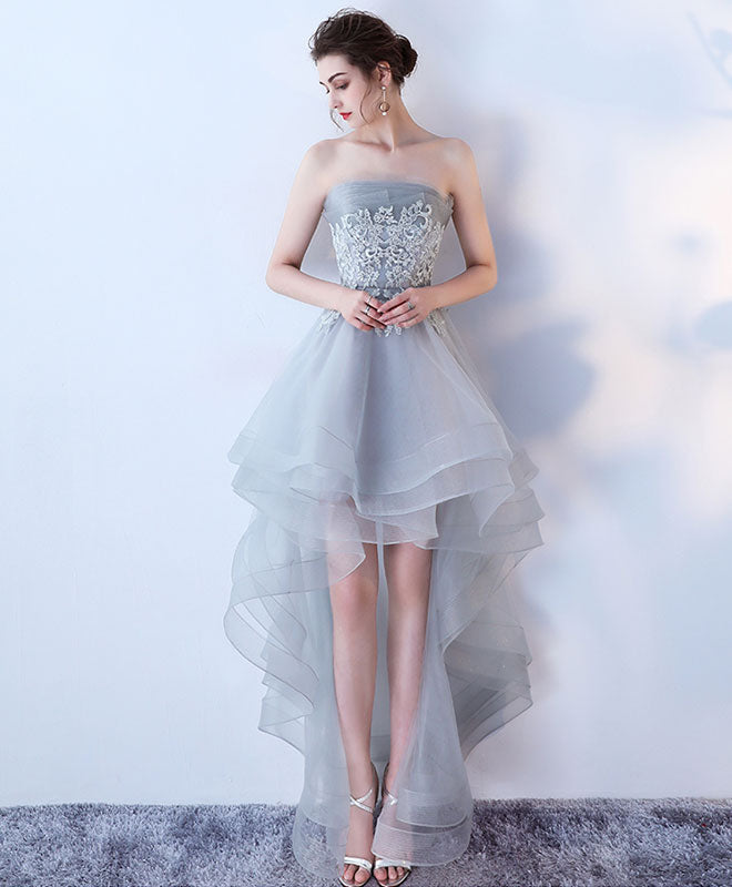 A-Line Strapless High-Low Tulle Homecoming Dress in Soft Gray with Lace Appliqué Bodice