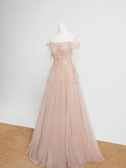 A-Line Off-the-Shoulder Floor-Length Blush Tulle Beaded Prom Dress with Soft Tulle Sleeves