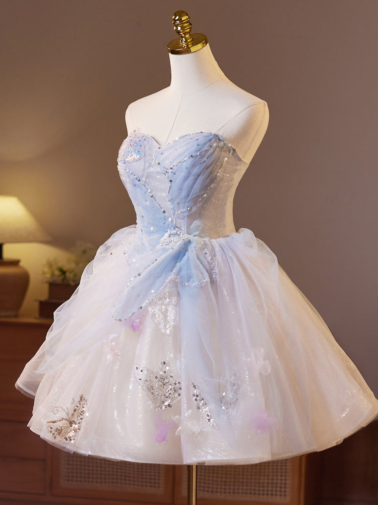 Strapless Light Blue Tulle Homecoming Dress with Beaded Bow Detail