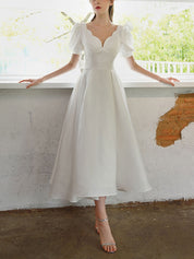 A-Line Sweetheart Tea-Length Ivory Satin Prom Dress with Short Puff Sleeves
