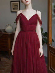A-Line V-Neck Floor-Length Burgundy Tulle Prom Dress with Draped Cold-Shoulder Straps