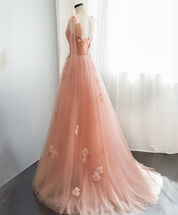 A-Line Scoop Neck Floor-Length Blush Tulle & Lace Prom Dress with 3D Floral Appliqué