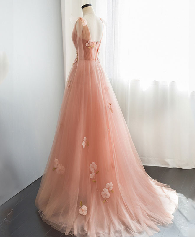 A-Line Scoop Neck Floor-Length Blush Tulle & Lace Prom Dress with 3D Floral Appliqué