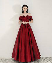 A-Line Sweetheart Floor-Length Burgundy Satin Prom Dress with Off-the-Shoulder Ruffle Sleeves