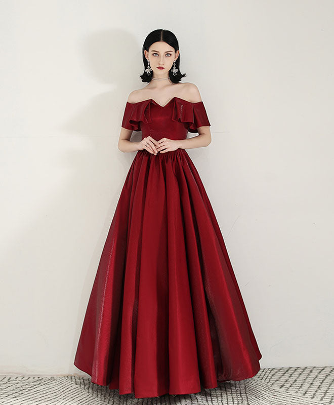 A-Line Sweetheart Floor-Length Burgundy Satin Prom Dress with Off-the-Shoulder Ruffle Sleeves