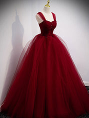 Ball Gown Sweetheart Floor-Length Burgundy Tulle Lace Sequin Prom Dress with Off-the-Shoulder Sleeves
