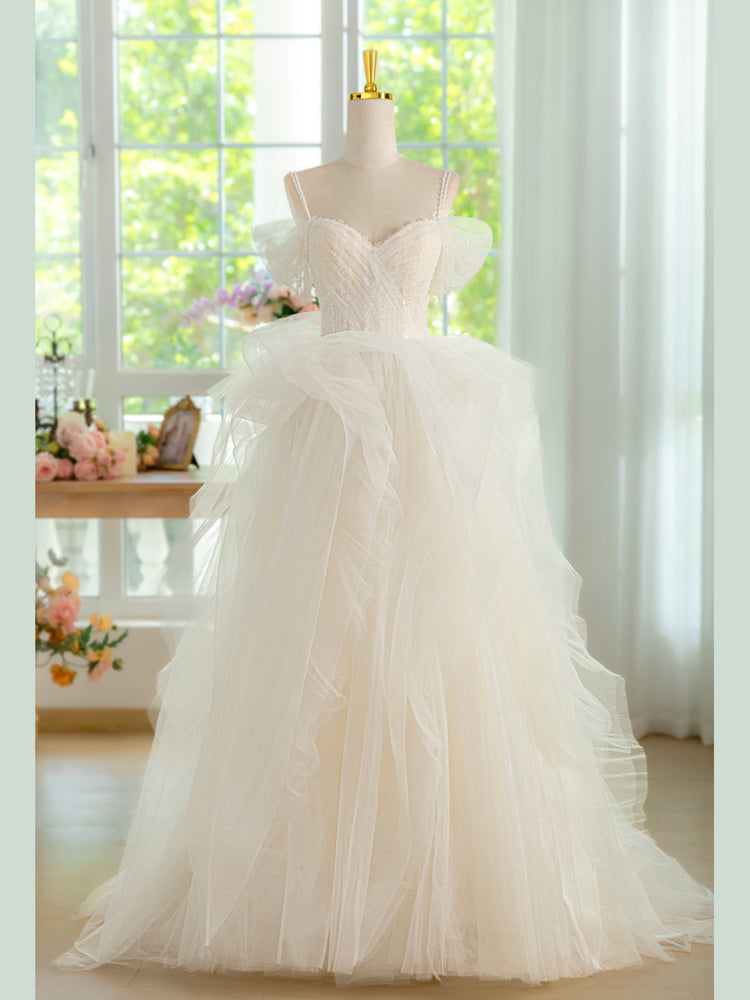 Princess Ivory Sweetheart Neck Floor-Length Tulle Prom Dress with Layered Ruffles and Beaded Lace
