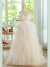 Princess Ivory Sweetheart Neck Floor-Length Tulle Prom Dress with Layered Ruffles and Beaded Lace