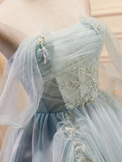 A-Line Off-the-Shoulder Knee-Length Light Blue Tulle Beaded Homecoming Dress with Sheer Sleeves