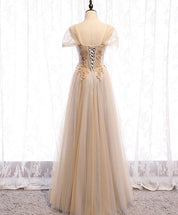 A-Line Champagne Sweetheart Floor-Length Tulle Lace Prom Dress with Beaded Bodice