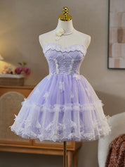 A-Line Lavender Sweetheart Knee-Length Tulle Lace Homecoming Dress with Tiered Ruffle Skirt