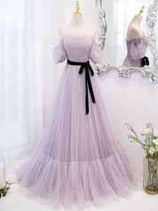 A-Line Lavender Sweetheart Floor-Length Tulle Prom Dress with Puff Sleeves and Ribbon Sash