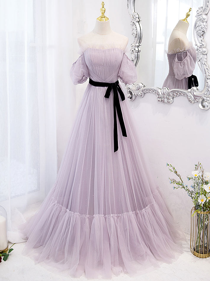 A-Line Lavender Sweetheart Floor-Length Tulle Prom Dress with Puff Sleeves and Ribbon Sash