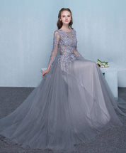 A-Line Illusion V-Neck Floor-Length Tulle & Lace Long Sleeve Prom Dress
