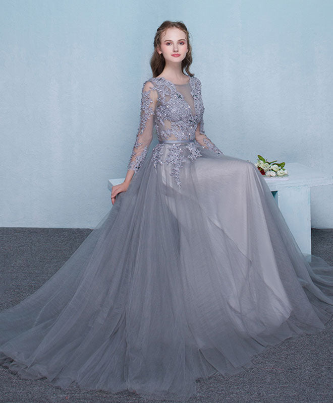 A-Line Illusion V-Neck Floor-Length Tulle & Lace Long Sleeve Prom Dress