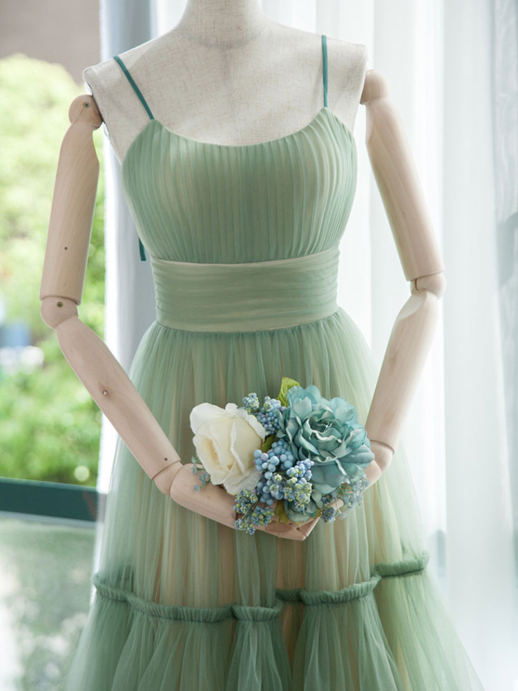 A-Line Scoop Neck Tea-Length Sage Green Tulle Homecoming Dress with Tiered Skirt