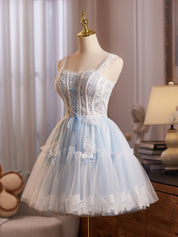 Blue Sweetheart Neck Tulle Lace Short Homecoming Dress