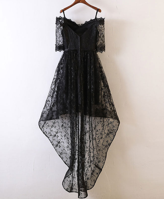 Black Lace Off Shoulder High Low Prom Dress – Elegant Floral Applique Homecoming Gown