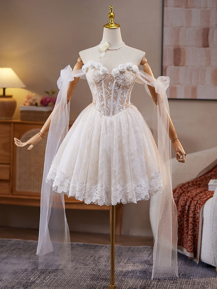 Ivory A-Line Off-the-Shoulder Knee-Length Tulle Homecoming Dress with 3D Floral Appliqué