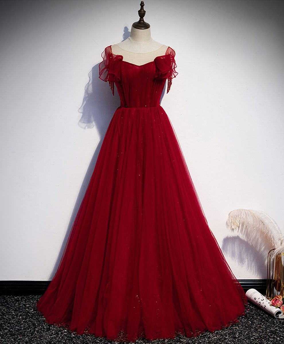 A-Line Burgundy Illusion Sweetheart Floor-Length Tulle Prom Dress with Ruffled Sleeves