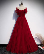 A-Line Burgundy Illusion Sweetheart Floor-Length Tulle Prom Dress with Ruffled Sleeves