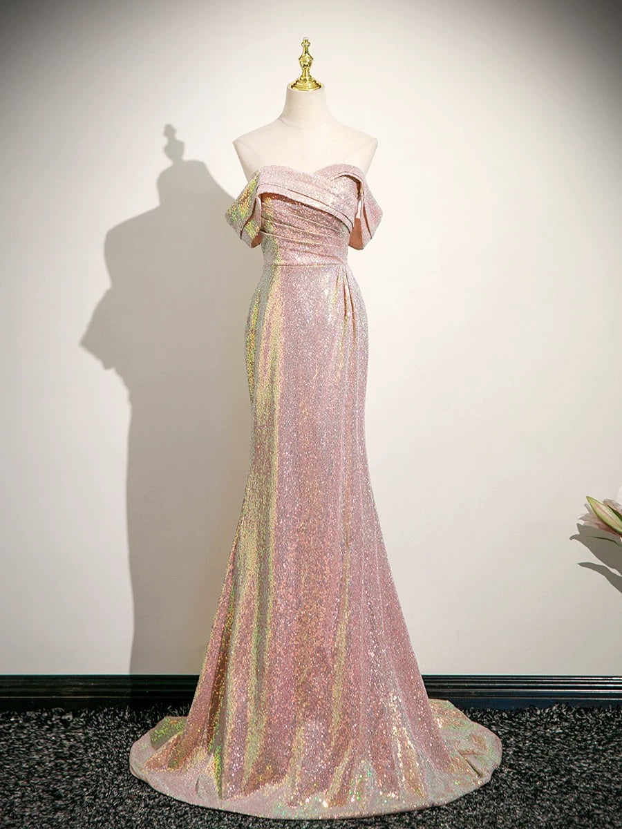 Mermaid Straight Neck Floor-Length Sequin Prom Dress in Iridescent Blush