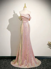 Mermaid Straight Neck Floor-Length Sequin Prom Dress in Iridescent Blush