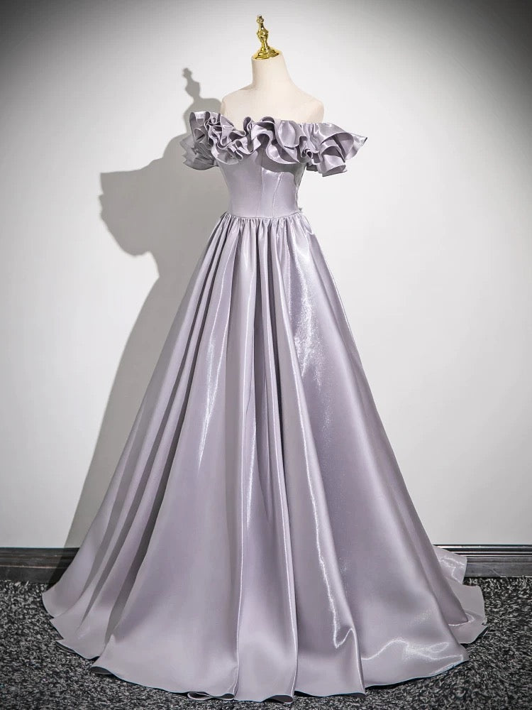 Lavender Off-Shoulder Ruffled Ball Gown Satin Prom Dress