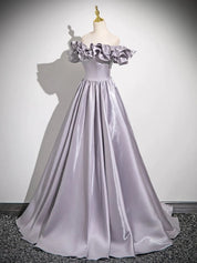 Lavender Off-Shoulder Ruffled Ball Gown Satin Prom Dress