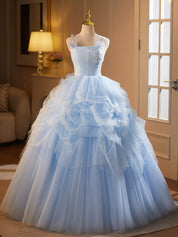 A-Line Tulle Lace Blue Long Prom Dress, Blue Long Formal Dress