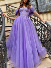 Lilac Ball Gown Sweetheart Floor-Length Tulle Prom Dress with Glitter Tulle