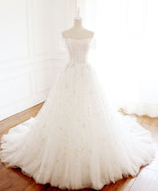 A-line Off-the-Shoulder Floor-Length Tulle & Lace Embroidered Prom Dress
