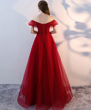 A-Line Off-the-Shoulder Floor-Length Red Tulle Lace Appliqué Prom Dress with Short Sleeves