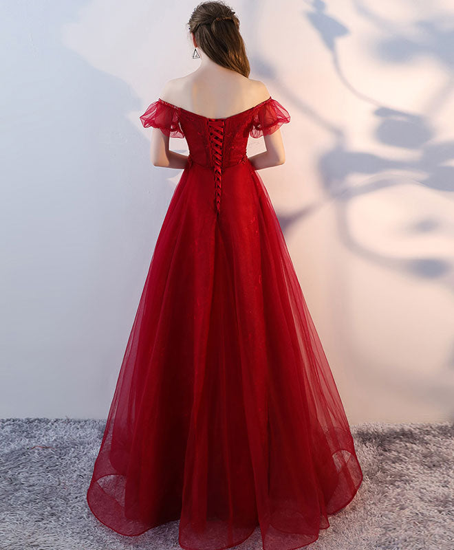 A-Line Off-the-Shoulder Floor-Length Red Tulle Lace Appliqué Prom Dress with Short Sleeves