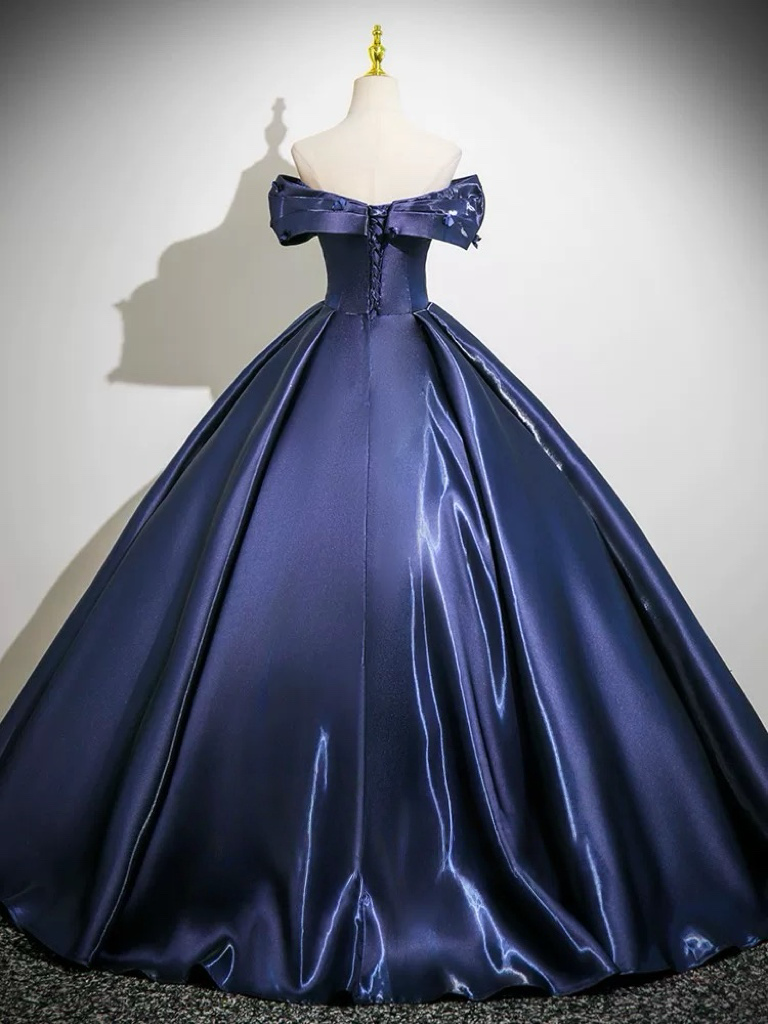 Off-Shoulder Navy Satin Ball Gown Prom Dress with Corset Bodice