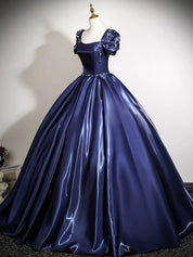 A-Line Puff Sleeves Dark Blue Long Prom Dress with Lace-Up Back