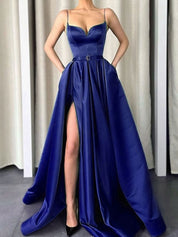 A-Line Sweetheart Floor-Length Satin Prom Dress with Thigh-High Slit