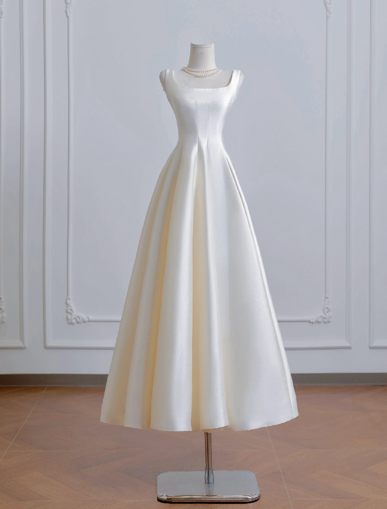 A-Line Square Neck Floor-Length Satin Ivory Prom Dress with Clean Minimalist Silhouette