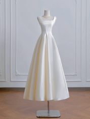 A-Line Square Neck Floor-Length Satin Ivory Prom Dress with Clean Minimalist Silhouette