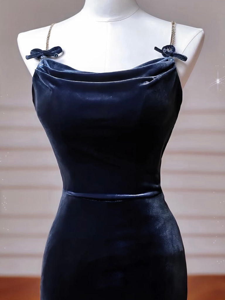 Simple Mermaid Velvet Dark Blue Long Prom Dress, Dark Blue Long Formal Dress